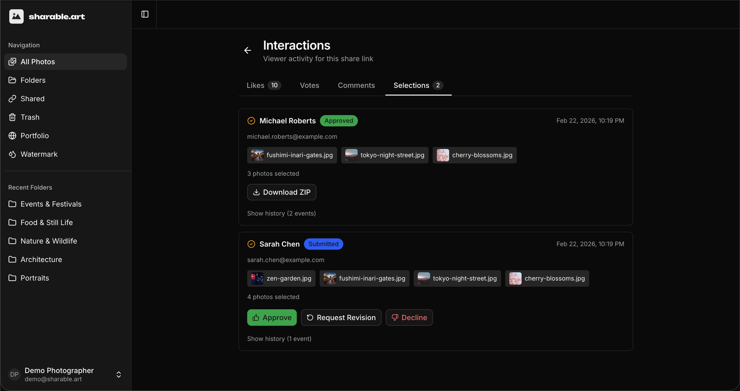 Client selection review showing approved and submitted picks