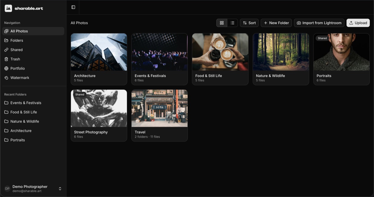 Dashboard with photo folders and file counts