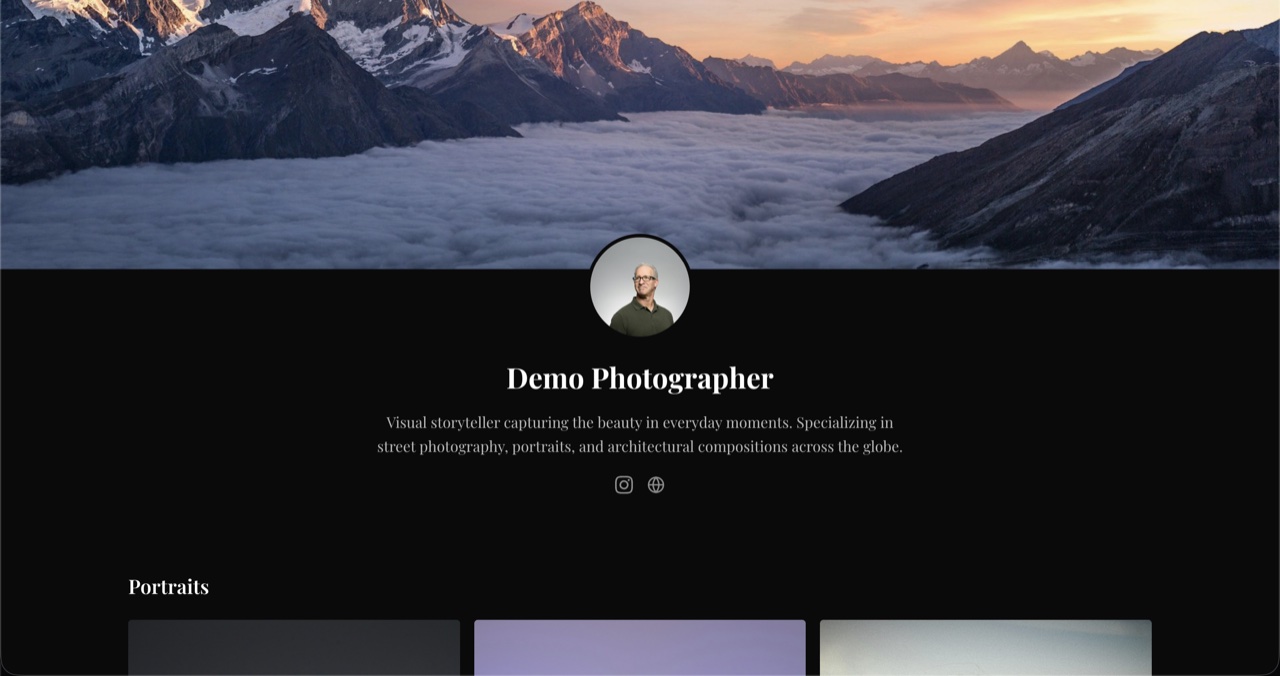 Public portfolio page with cover photo and masonry gallery