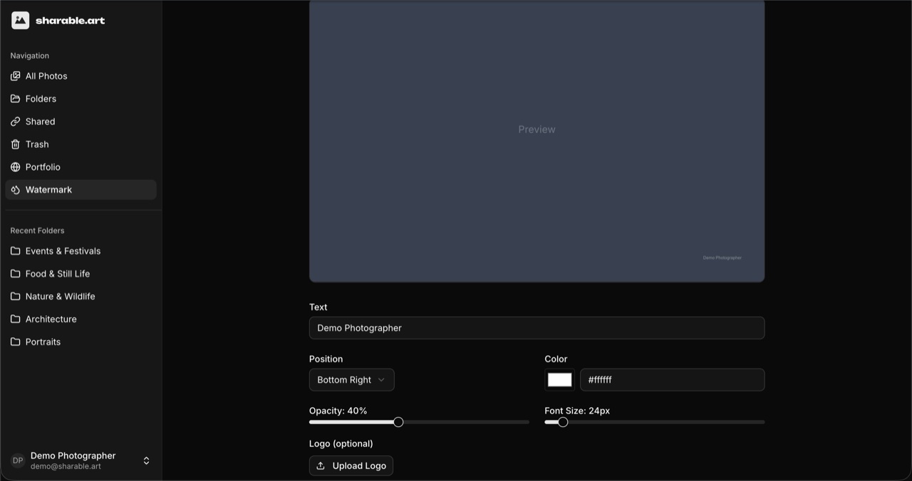 Watermark settings with text, position, and opacity controls